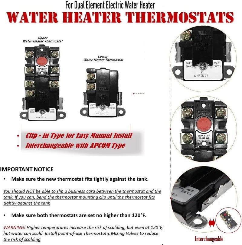DROMIX EWH-00 Electric Water Heater Thermostat for double element Heater, Includes 1x Upper Thermostat and 1x Lower Thermostat, Universal type for TOD & APCOM type, Fit for Most Electric Water Heaters - Image 5